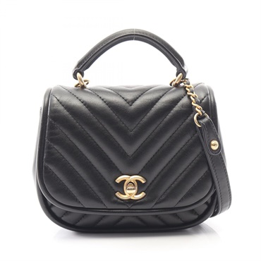 CHANEL Chevron V-stitch 2WAY Chain Shoulder Bag Lambskin Black GHW Used Women