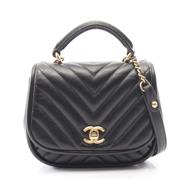 CHANEL Chevron V-stitch 2WAY Chain Shoulder Bag Lambskin Black GHW Used Women