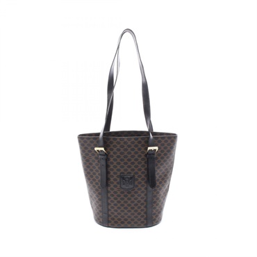 CELINE Macadam Shoulder Tote Bag canvas leather Black Brown Used Women