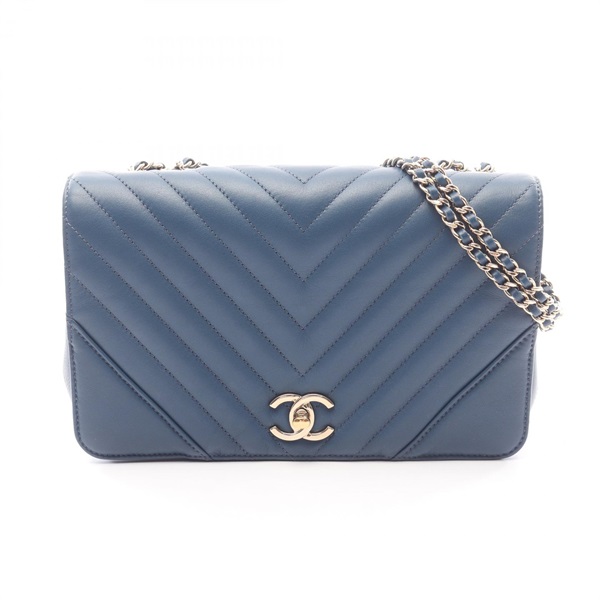 CHANEL V-stitch chevron full flap Chain Shoulder Bag A91587 Lambskin Blue GHW CC