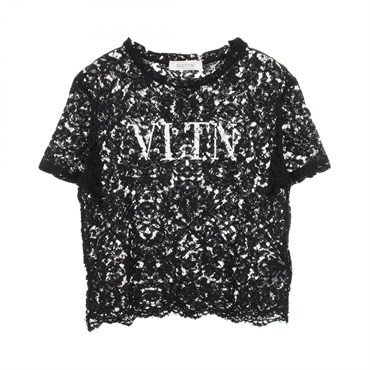 Valentino VLTN logo all lace T-shirt Rayon cotton Black White #S Used Women