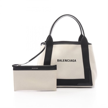 BALENCIAGA NAVY CABAS S Hand Tote Bag 3399332 canvas leather Beige Black Used