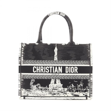 Christian Dior BOOK TOTE Medium Eiffel Tower hand Bag canvas Black White Used