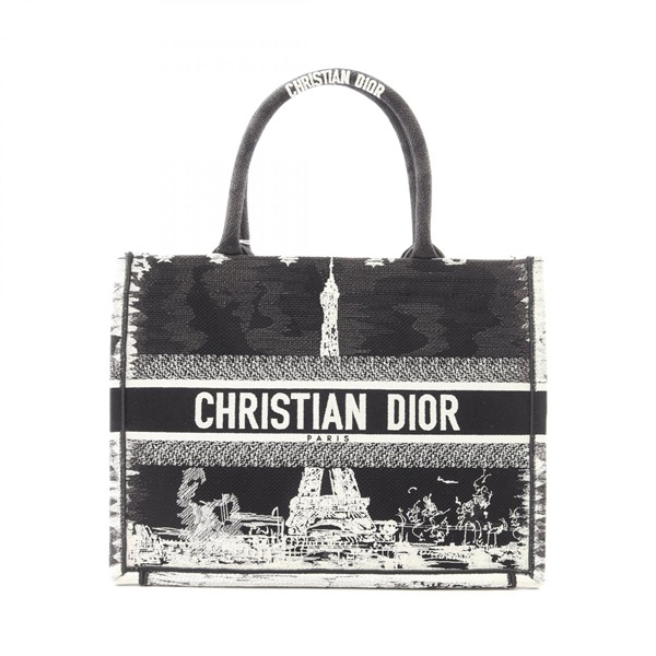 Christian Dior BOOK TOTE Medium Eiffel Tower hand Bag canvas Black White Used