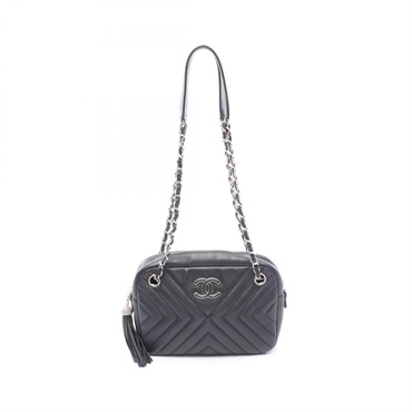CHANEL Chevron V-stitch Chain Shoulder Bag A91777 Lamb leather Black Used SHW