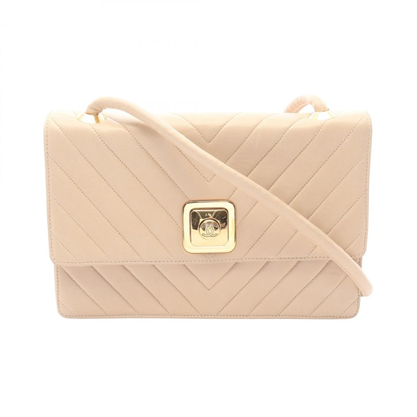 CHANEL V stitch Crossbody Shoulder Bag Lambskin (sheep leather) Beige Used GHW