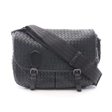 BOTTEGA VENETA Intrecciato messenger Shoulder crossbody Bag leather Black Used
