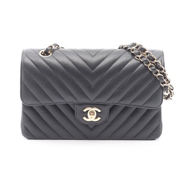 CHANEL V-stitch chevron double flap chain Shoulder Bag A01113 Calfskin BK GHW