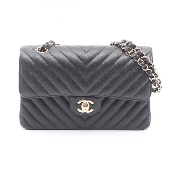 CHANEL V-stitch chevron double flap chain Shoulder Bag A01113 Calfskin BK GHW