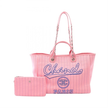 CHANEL Deauville Large Shoulder Tote Handbag A93786 canvas leather Pink SHW Used