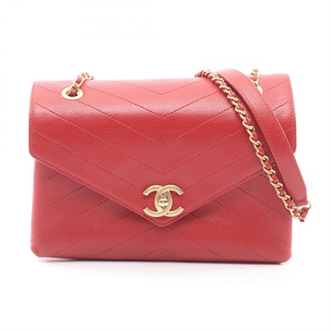 CHANEL Chevron V Stitch chain Shoulder Bag leather Red Used Women GHW