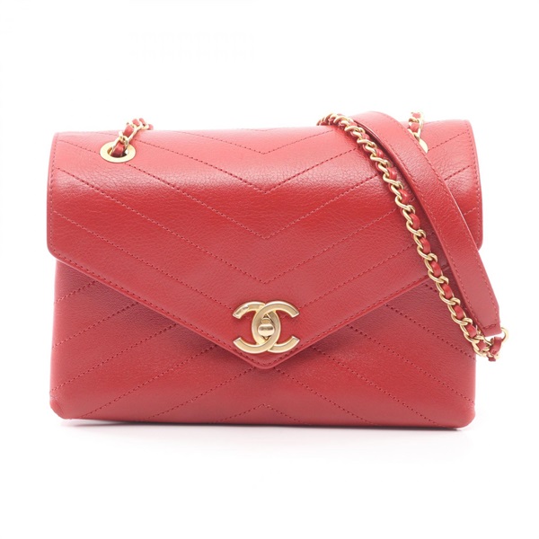 CHANEL Chevron V Stitch chain Shoulder Bag leather Red Used Women GHW