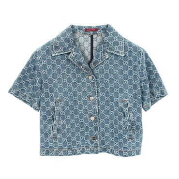GUCCI GG Jacquard Open Collar Short-sleeve Denim Shirt 788680 cotton Used #40