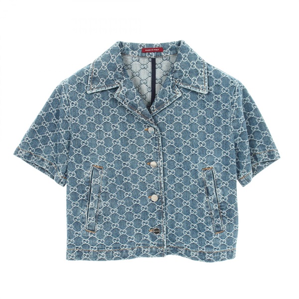 GUCCI GG Jacquard Open Collar Short-sleeve Denim Shirt 788680 cotton Used #40