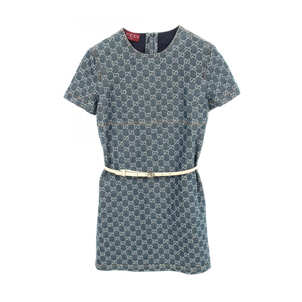 GUCCI GG Pattern Denim Mini Belt Dress 818219 cotton Navy Used Women #38