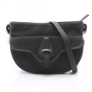FENDI Zucchino Crossbody Shoulder Bag 8BT088 canvas leather Black Used Women