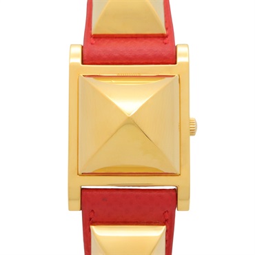HERMES Medor Wrist Watch ME1.201 Quartz Gold Plated Leather belt Used Women