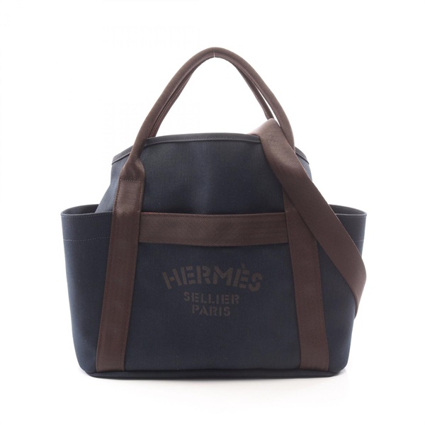 HERMES Sac de Pansage Tote shoulder hand Bag D Toile Military Chevrons SHW navy