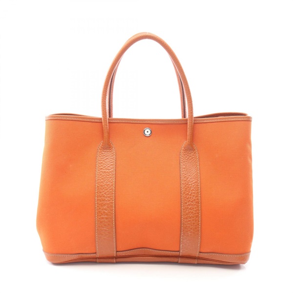 HERMES Garden Party PM Tote Handbag canvas leather Potiron Orange SHW Used I