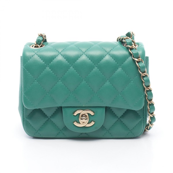 CHANEL Mini Matelasse Chain Shoulder Crossbody Bag Lamb leather Green GHW Used