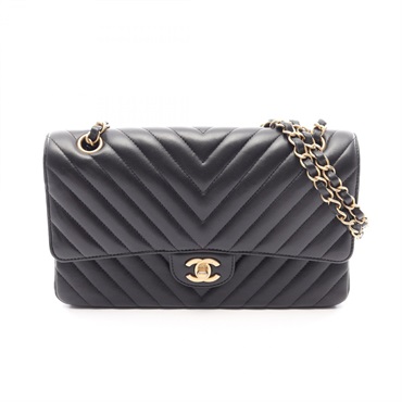 CHANEL Chevron V-stitch W-flap chain Shoulder Bag Lambskin leather BK Used GHW