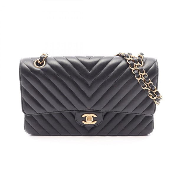 CHANEL Chevron V-stitch W-flap chain Shoulder Bag Lambskin leather BK Used GHW
