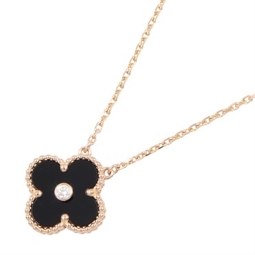 Van Cleef & Arpels Vintage Alhambra Onyx Diamond Necklace 18KPG Gold Used women