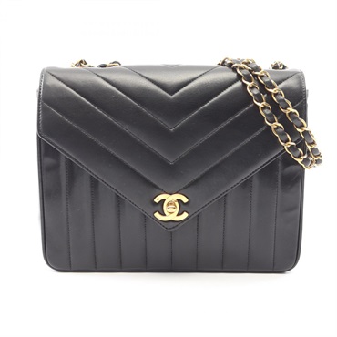 CHANEL V Stitch Mademoiselle Chain Shoulder Handbag Lamb leather Black GHW Used