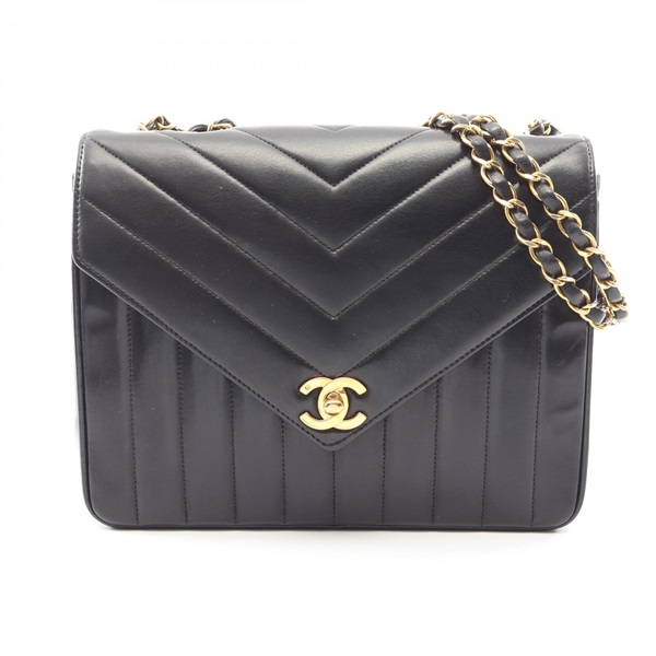 CHANEL V Stitch Mademoiselle Chain Shoulder Handbag Lamb leather Black GHW Used