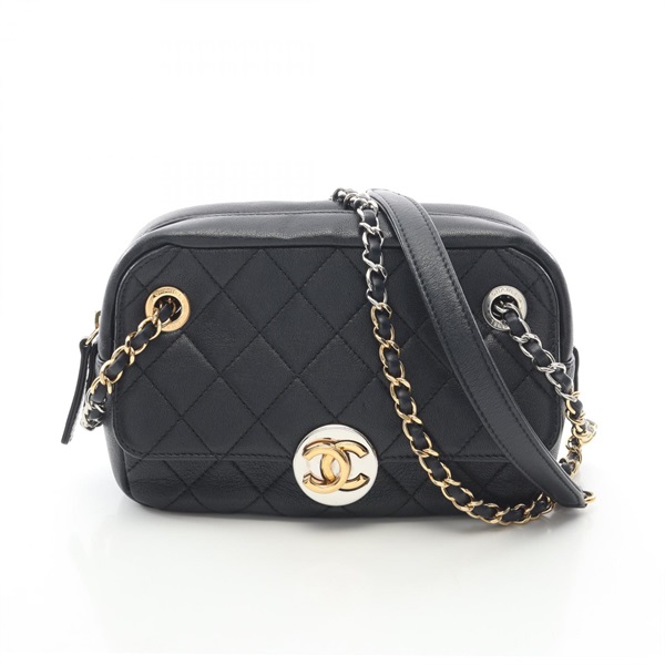 CHANEL Matelasse Circle COCO Camera Chain Shoulder Bag leather Navy Used Women
