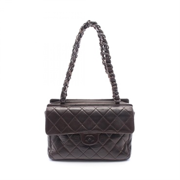 CHANEL Matelasse Plastic Chain Tote Shoulder Bag Lamb leather Brown Used Coco CC