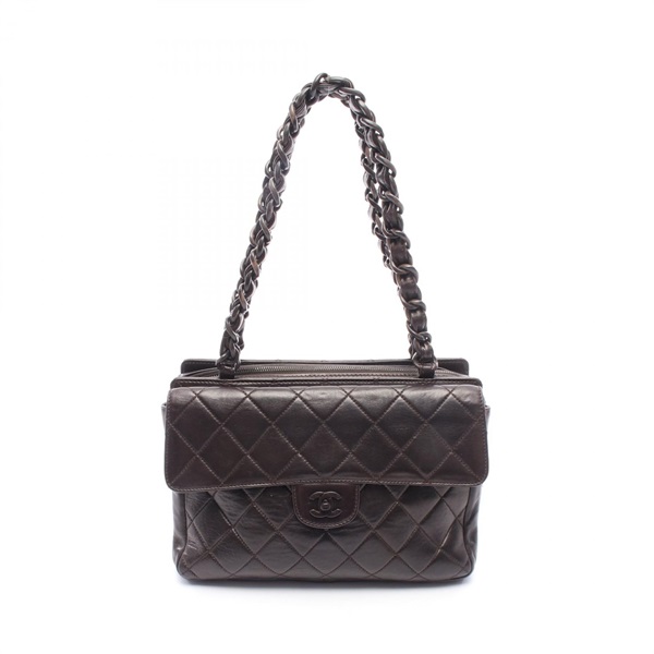 CHANEL Matelasse Plastic Chain Tote Shoulder Bag Lamb leather Brown Used Coco CC
