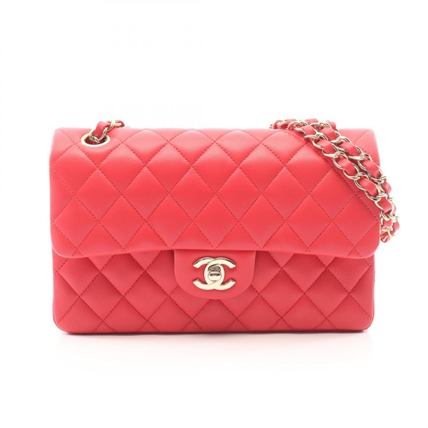CHANEL Matelasse Double Flap Chain Shoulder Handbag Lamb leather Pink GHW Used