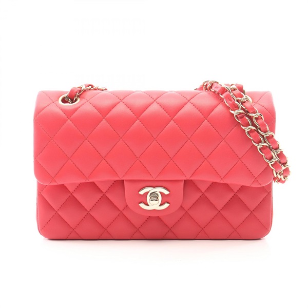 CHANEL Matelasse Double Flap Chain Shoulder Handbag Lamb leather Pink GHW Used