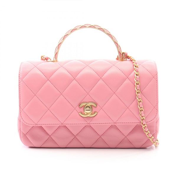 CHANEL Matelasse Top Handle Flap Chain Crossbody Handbag leather Pink GHW Used