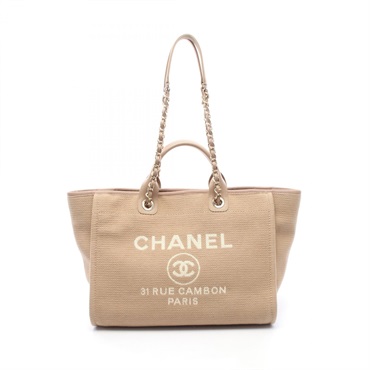 CHANEL Deauville Chain Tote Shoulder Handbag A66941 Canvas Leather Beige GHW CC