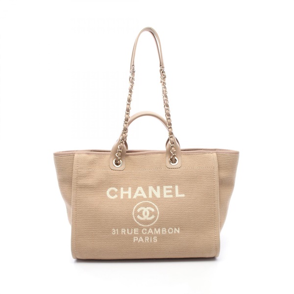 CHANEL Deauville Chain Tote Shoulder Handbag A66941 Canvas Leather Beige GHW CC