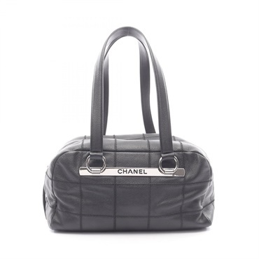 CHANEL Chocolate Bar Chain Shoulder Handbag Grained Calf leather Black SHW Used