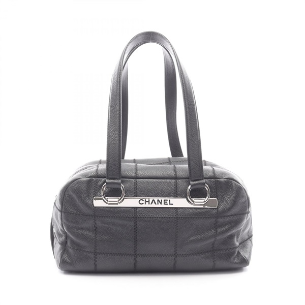 CHANEL Chocolate Bar Chain Shoulder Handbag Grained Calf leather Black SHW Used