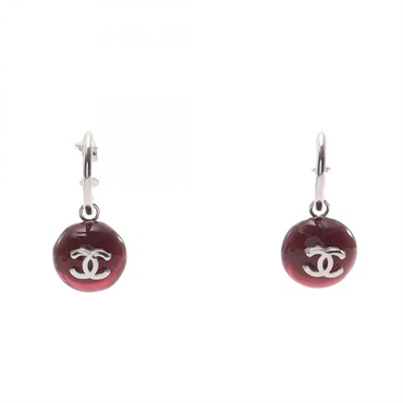 CHANEL COCO Mark hoop Pierced earrings Plating Plastic SHW Bordeaux Used Women
