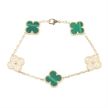 VAN CLEEF & ARPELS Vintage Alhambra Malachite Diamond Bracelet 18KYG Gold Women
