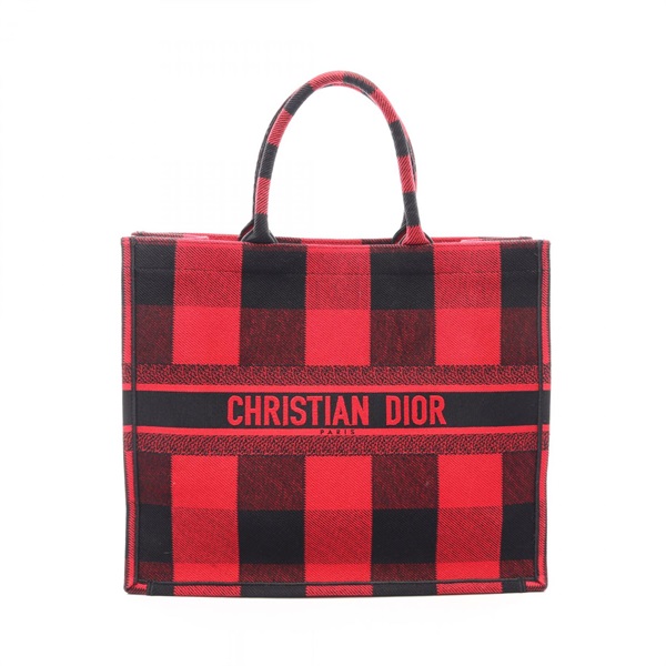 Christian Dior BOOK TOTE Large Oblique hand Bag canvas jacquard Red Black Used
