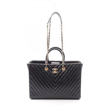 CHANEL V stitch Chain Shoulder Hand Tote Bag leather Black Used Women GHW CC