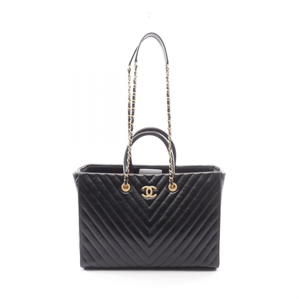 CHANEL V stitch Chain Shoulder Hand Tote Bag leather Black Used Women GHW CC