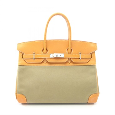 HERMES Birkin 35 Handbag K Toile Officier Barenia leather Khaki Natural Used SHW
