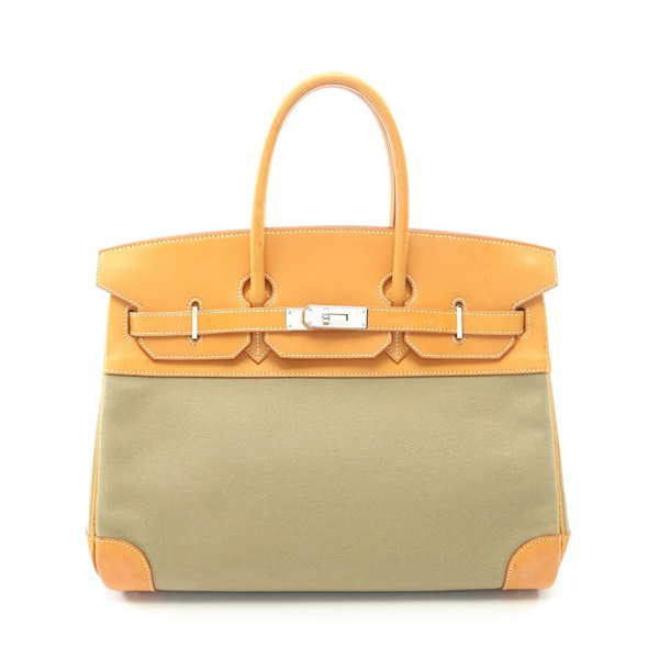 HERMES Birkin 35 Handbag K Toile Officier Barenia leather Khaki Natural Used SHW