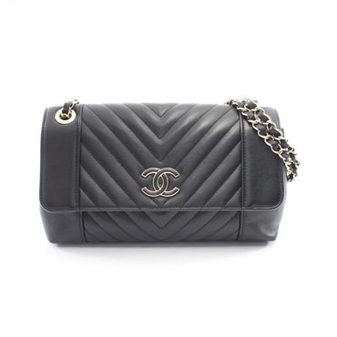 CHANEL Chevron V Stitch Chain Shoulder Bag Lamb leather Black Used Women