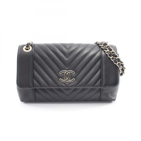 CHANEL Chevron V Stitch Chain Shoulder Bag Lamb leather Black Used Women