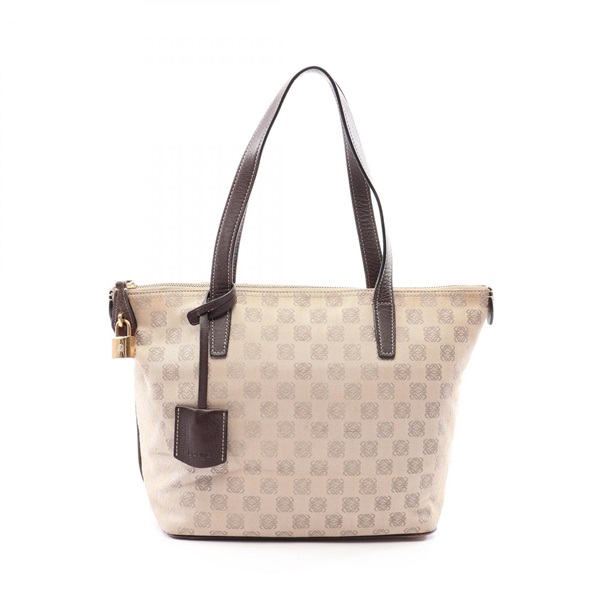 LOEWE Anagram Shoulder Tote Bag canvas Leather Beige Brown Used Women