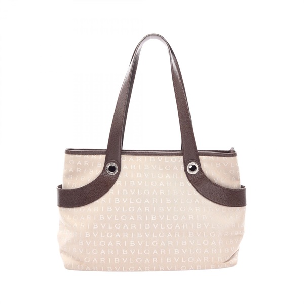 BVLGARI Logo mania Shoulder Tote Bag canvas leather Beige Brown Used Women